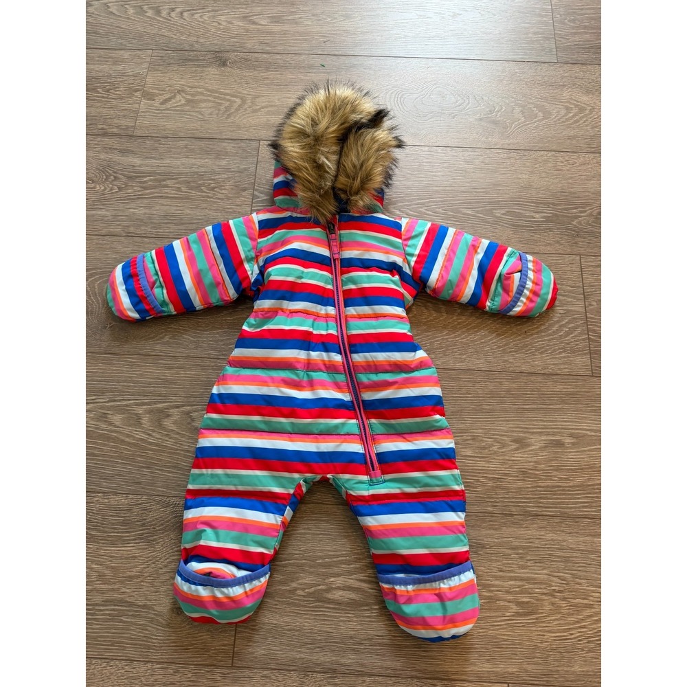 Lands' End Snowsuit Girls 3-6 Months Rainbow Stripe Fur Trim Puffer Hooded